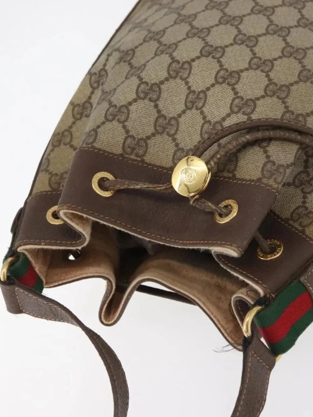 GUCCI GG Supreme Web Sherry Line Bag PVC Beige Gold 164 02 034 Auth